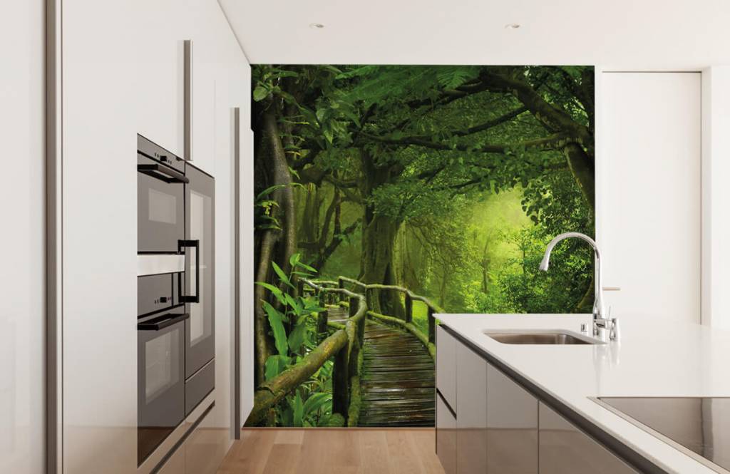 Arbres - Pont en bois à travers une jungle verte - Chambre à coucher 4