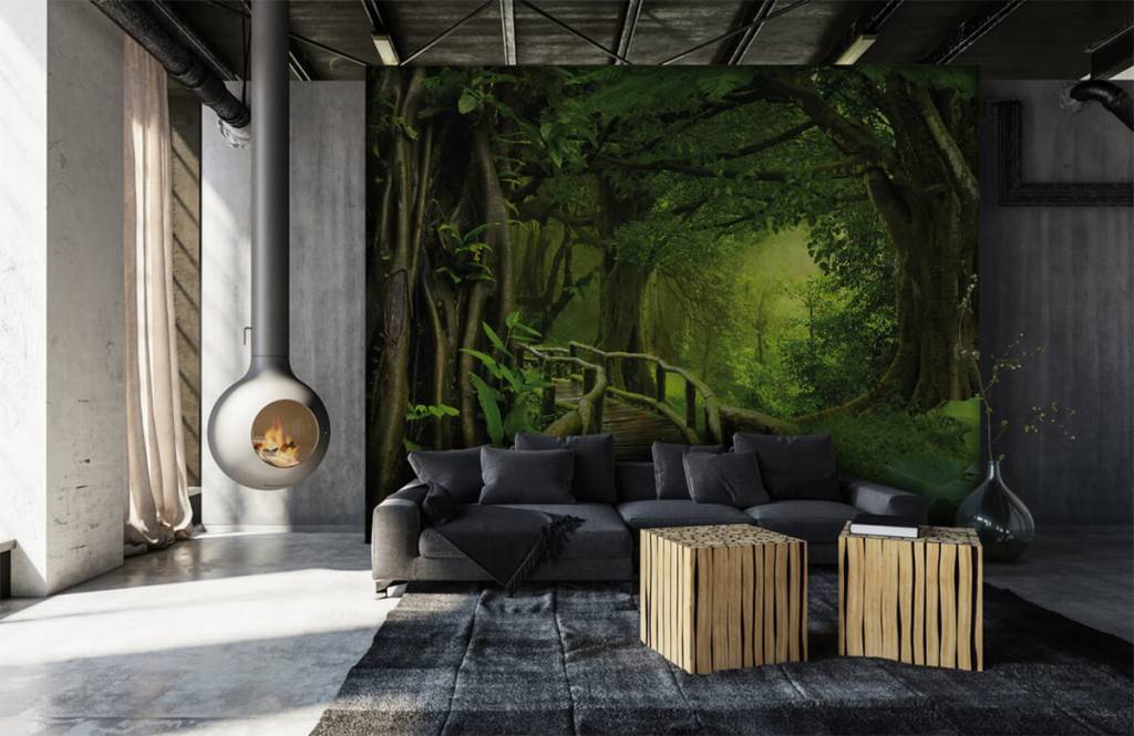 Arbres - Pont en bois à travers une jungle verte - Chambre à coucher 6