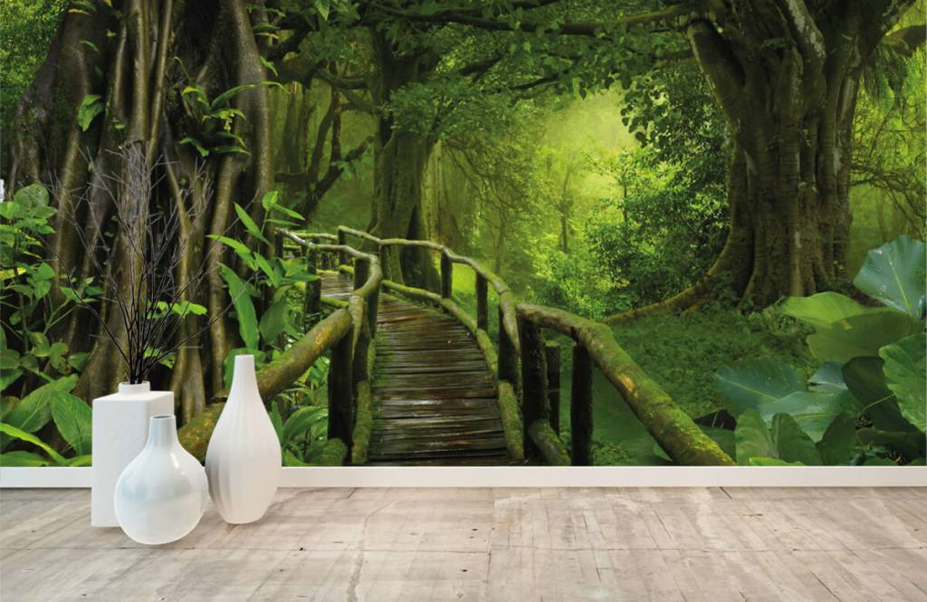 Arbres - Pont en bois à travers une jungle verte - Chambre à coucher 8