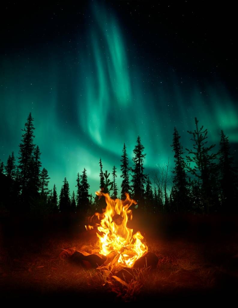 Feu de camp sous les aurores boréales