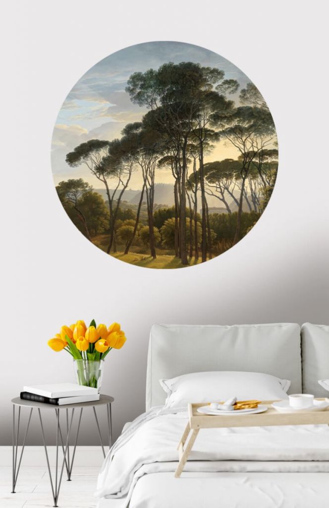Cercle de papier peint paysage italien avec parasol pins