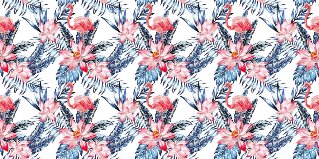 Flamant rose avec motif de feuilles de palmier bleu
