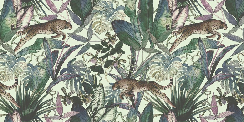 Guépard entre les feuilles tropicales