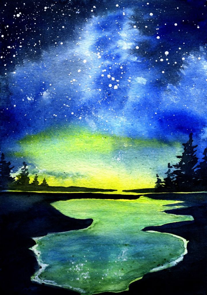 Aurore à l'aquarelle de l'autre côté du lac