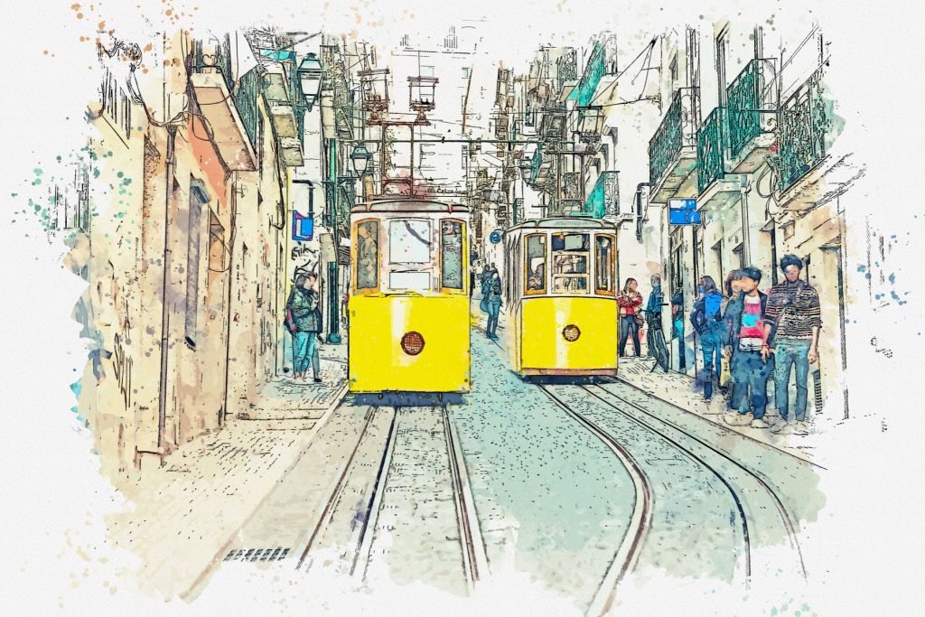 Trams à l'aquarelle