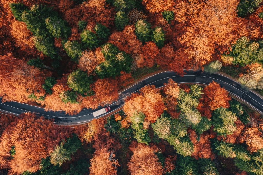 Une route sinueuse avec un camion