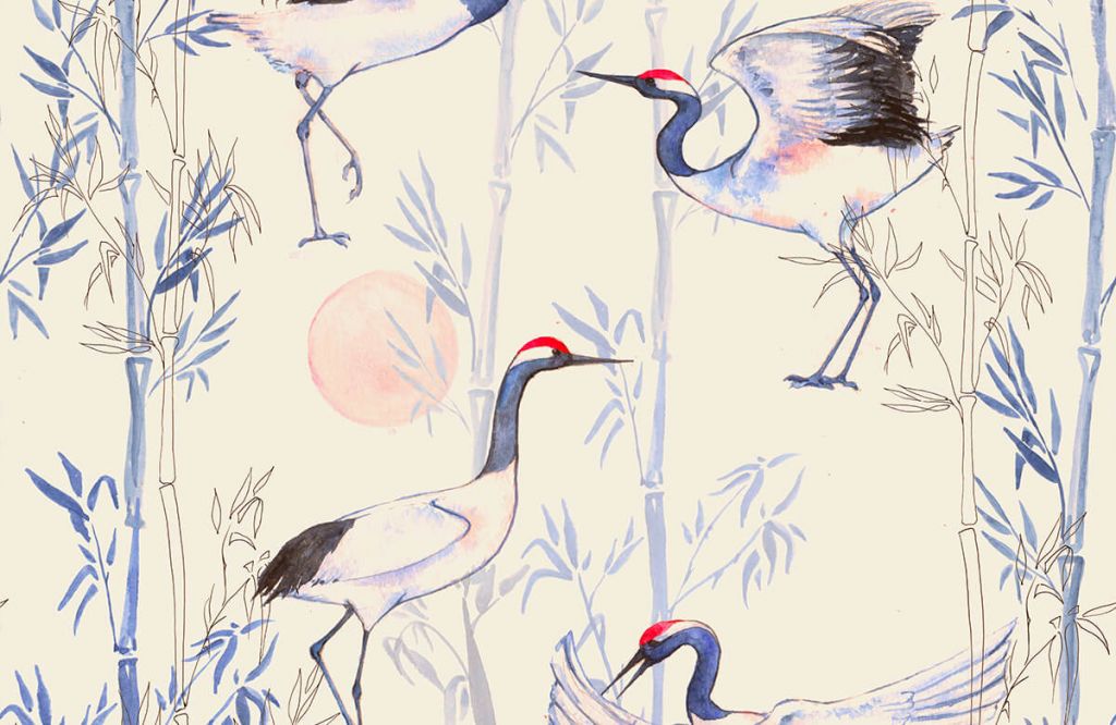 Grues à l'aquarelle avec bambou