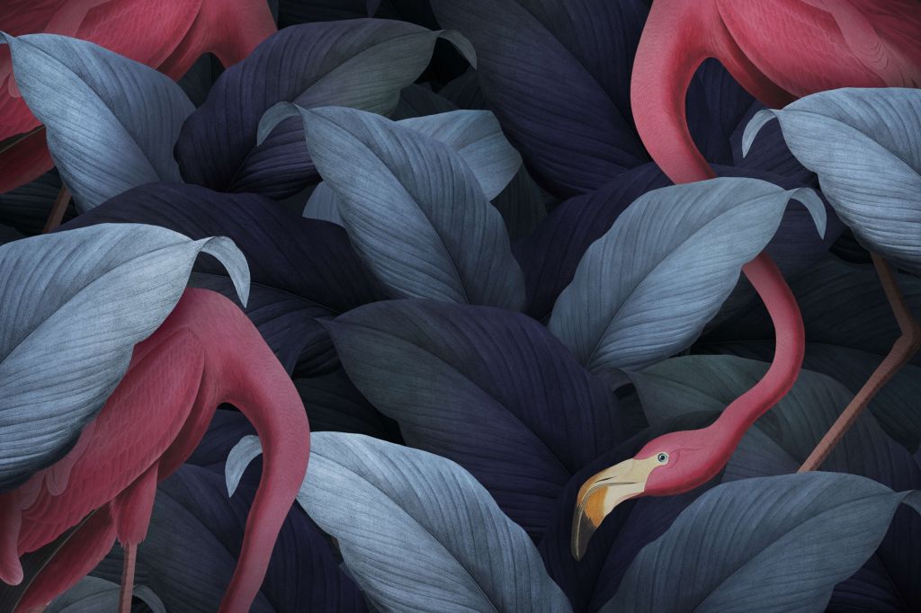 Flamants roses avec des feuilles bleues