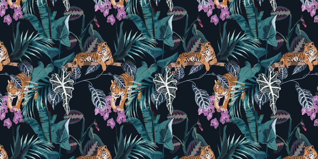 Tigres, feuilles et fleurs