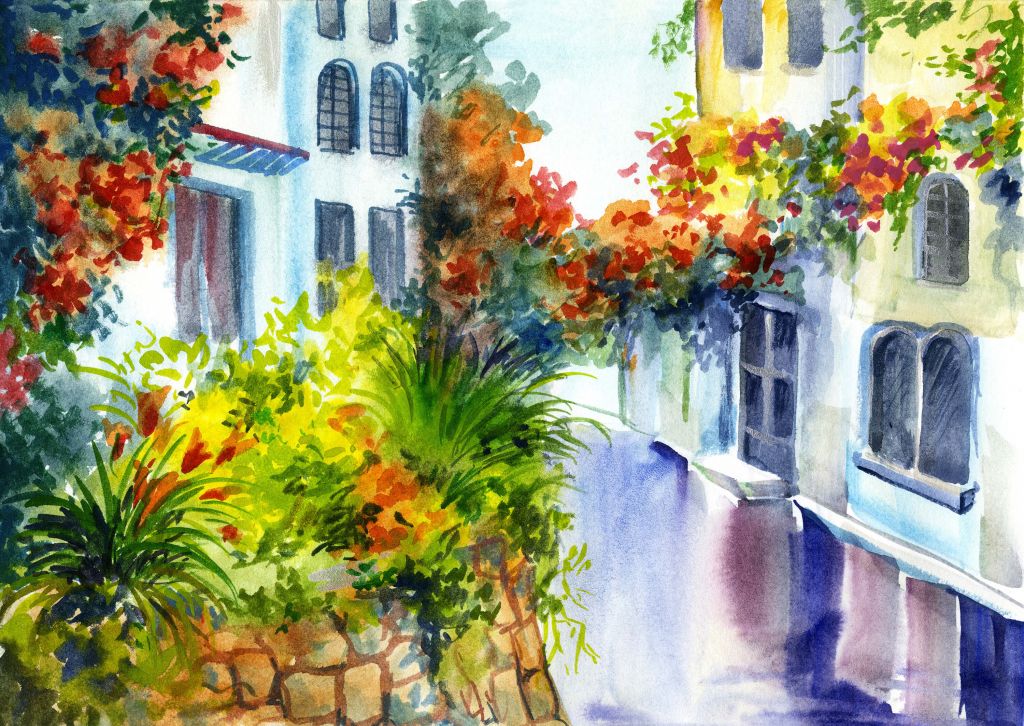 Fleurs et bâtiments en aquarelle