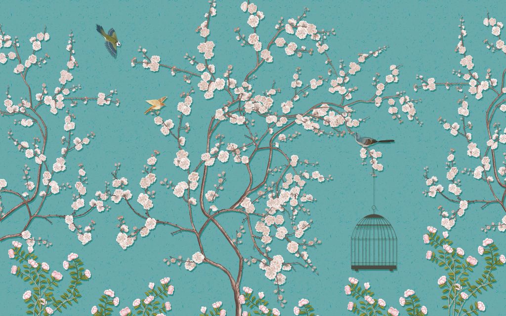 Arbre fleuri dessiné avec des oiseaux