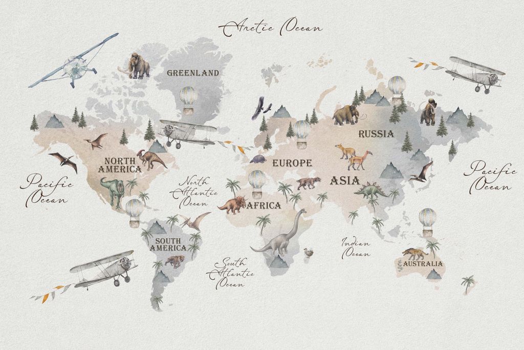 Carte du monde avec des dinosaures
