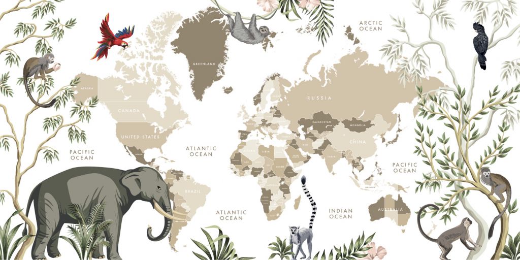 Carte du monde avec animaux de la jungle