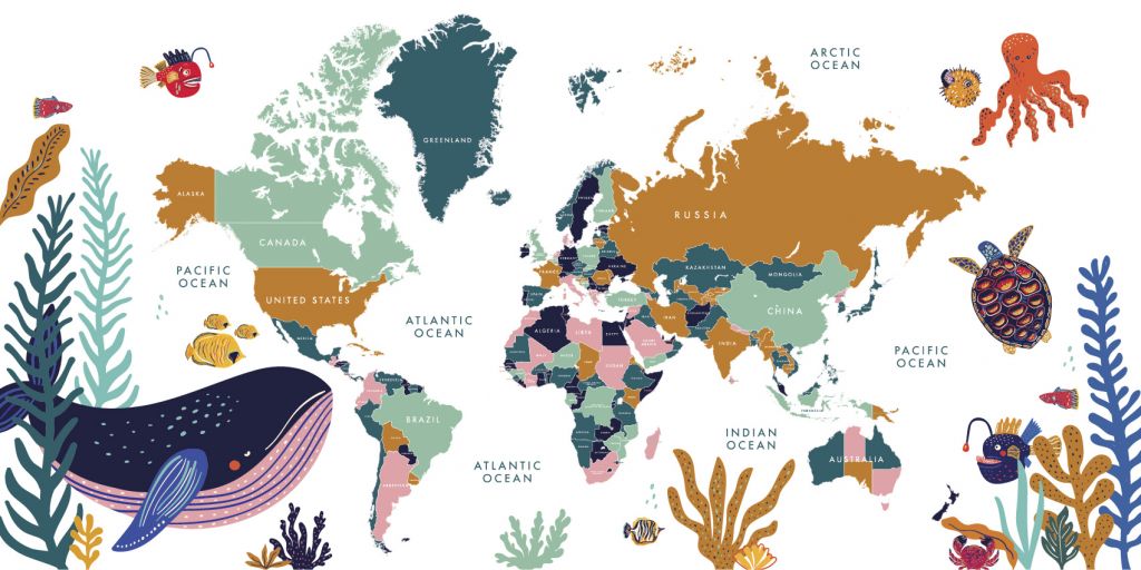 Carte du monde avec animaux de l'océan