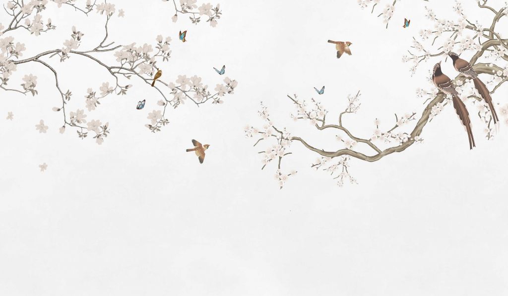 Branches fleuries et oiseaux
