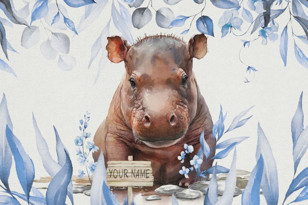 Bébé hippopotame dans les feuilles bleu