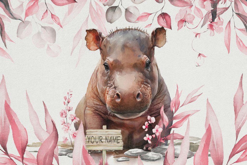 Bébé hippopotame dans les feuilles rose