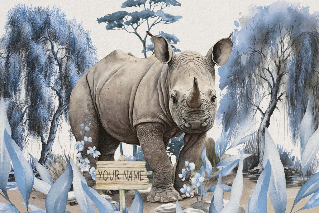 Bébé rhino dans la savane bleu