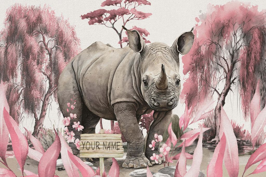 Bébé rhino dans la savane rose