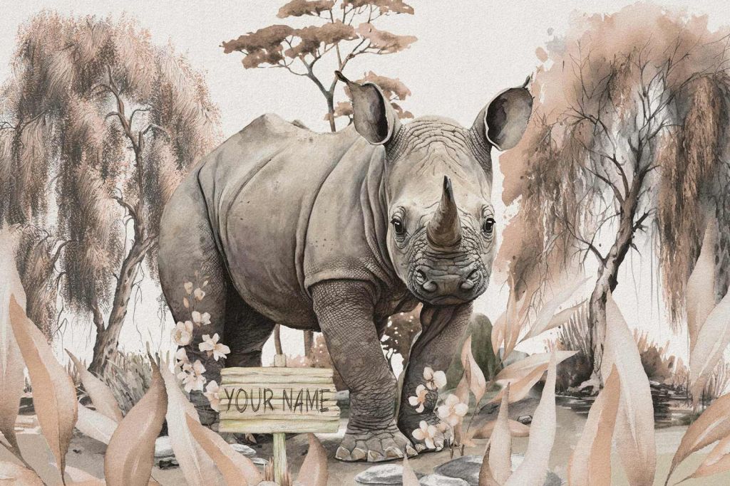 Bébé rhino dans la savane taupe