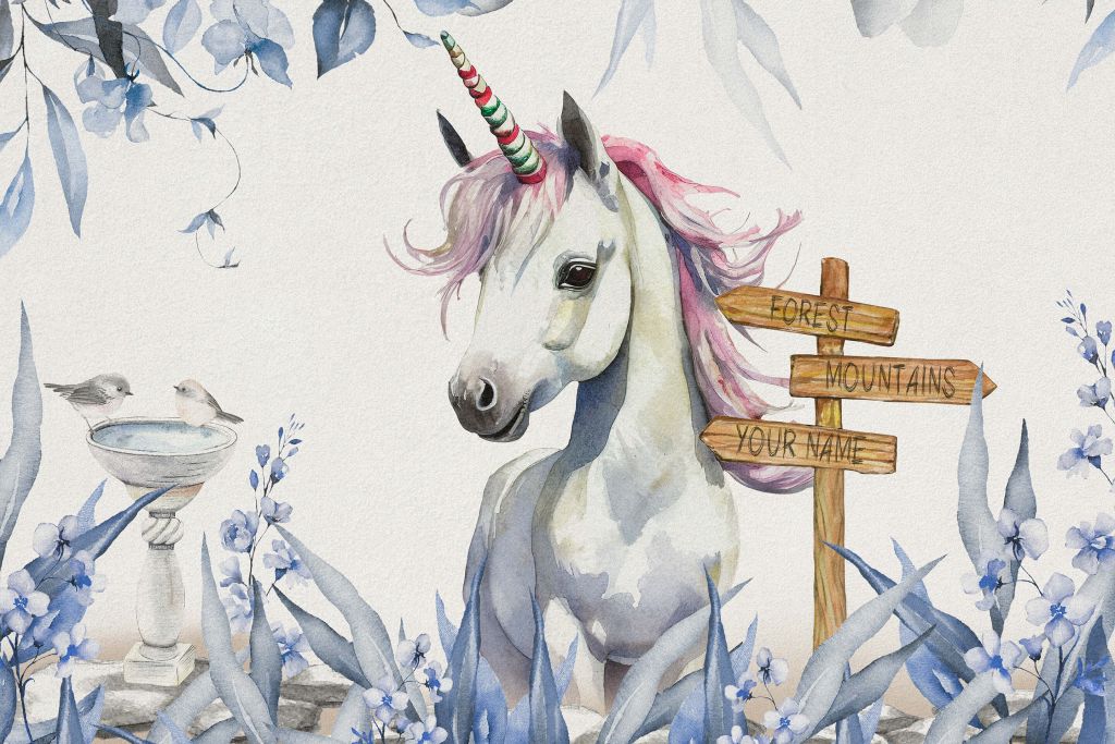 Bébé licorne aux plantes bleu