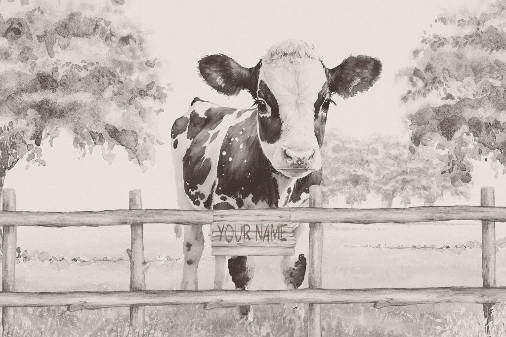 Bébé vache dans un pré beige