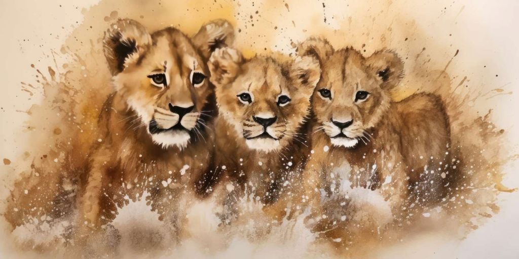 Trio de Lionceaux en Aquarelle