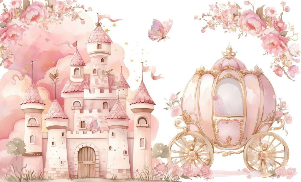 Château de contes de fées et carrosse de roses