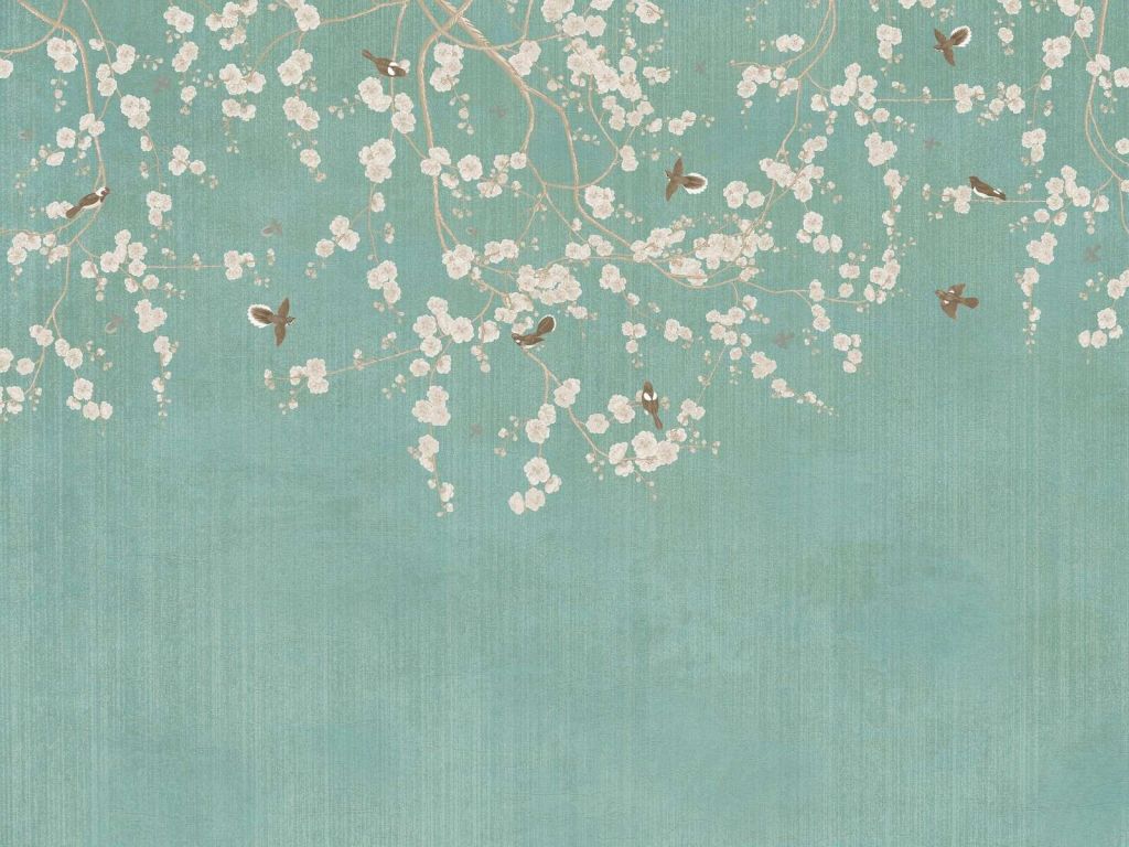 Brindilles en fleurs et moineaux volants