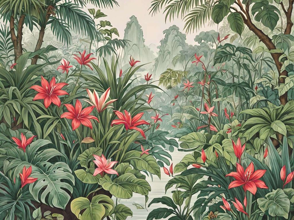 Forêt tropicale de lys dans la brume du matin
