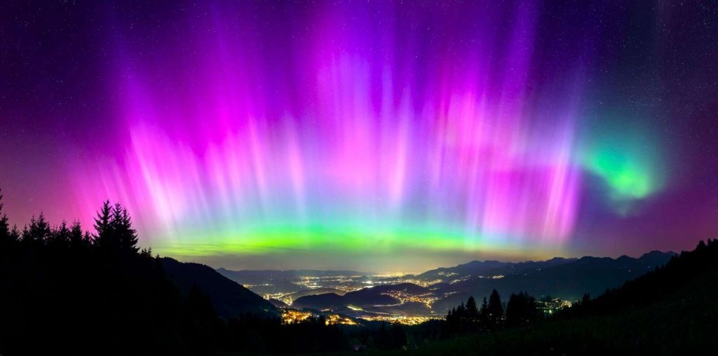 Aurore boréale au-dessus de la ville de montagne illuminée