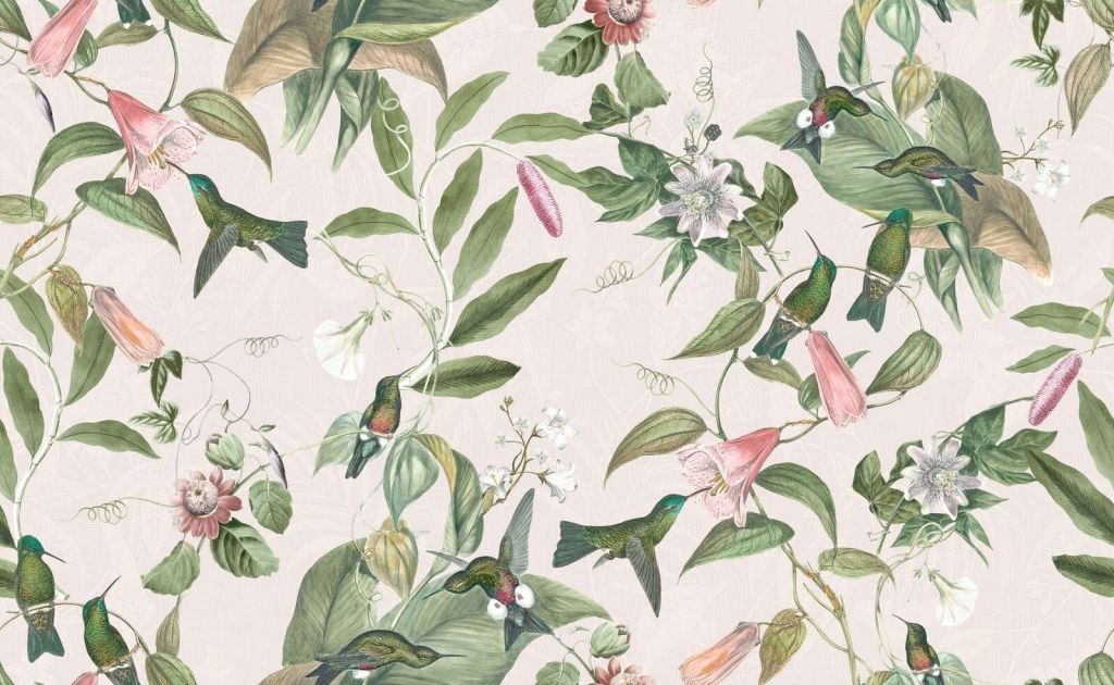 Colibris parmi les fleurs roses