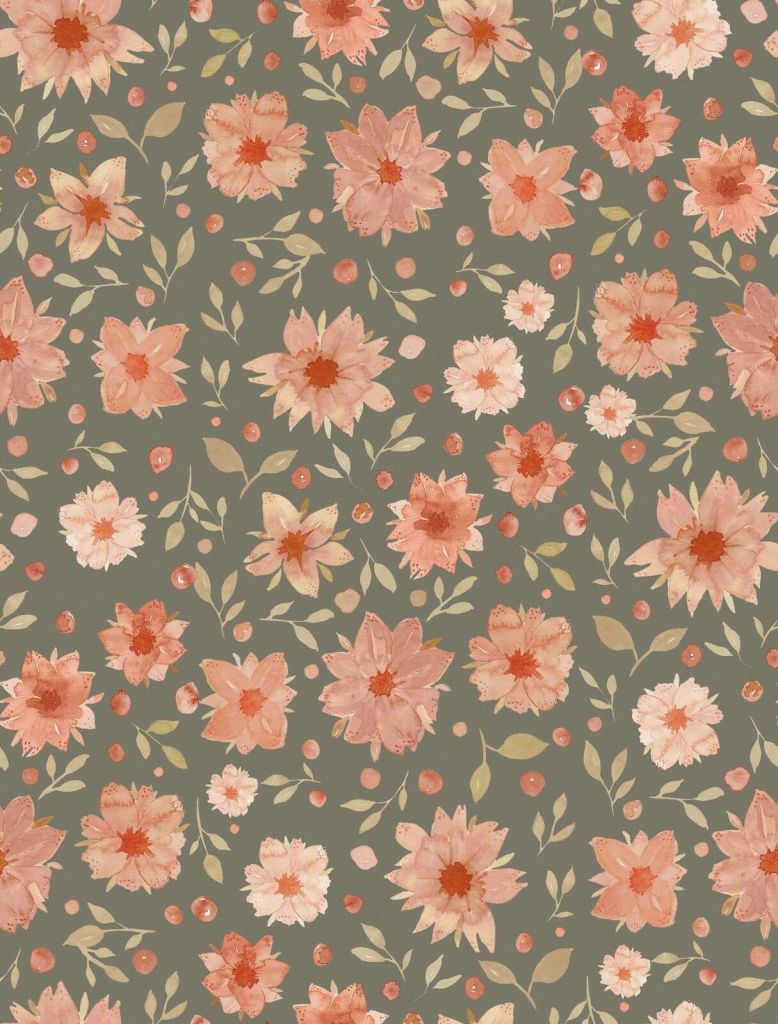Fleurs aquarelles rose corail sur vert olive
