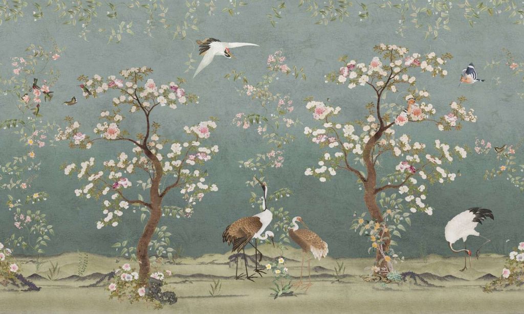 Arbres en fleurs avec des grues dans un jardin serein