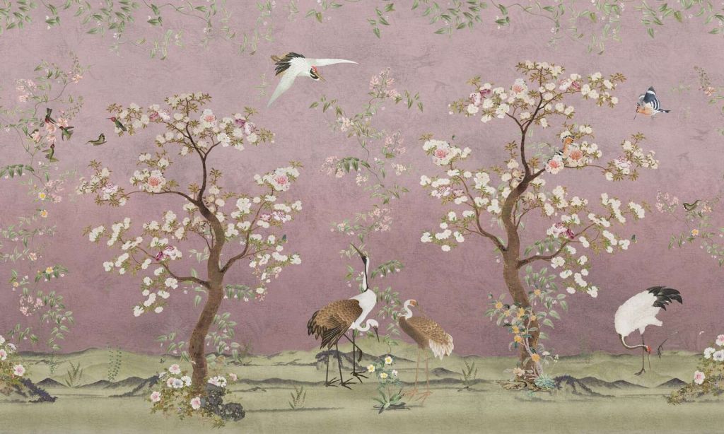 Grues sous un ciel rose en fleurs