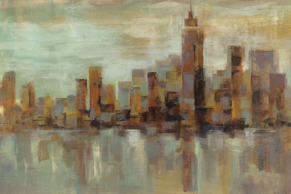 Skyline brumeux en lumière cuivrée