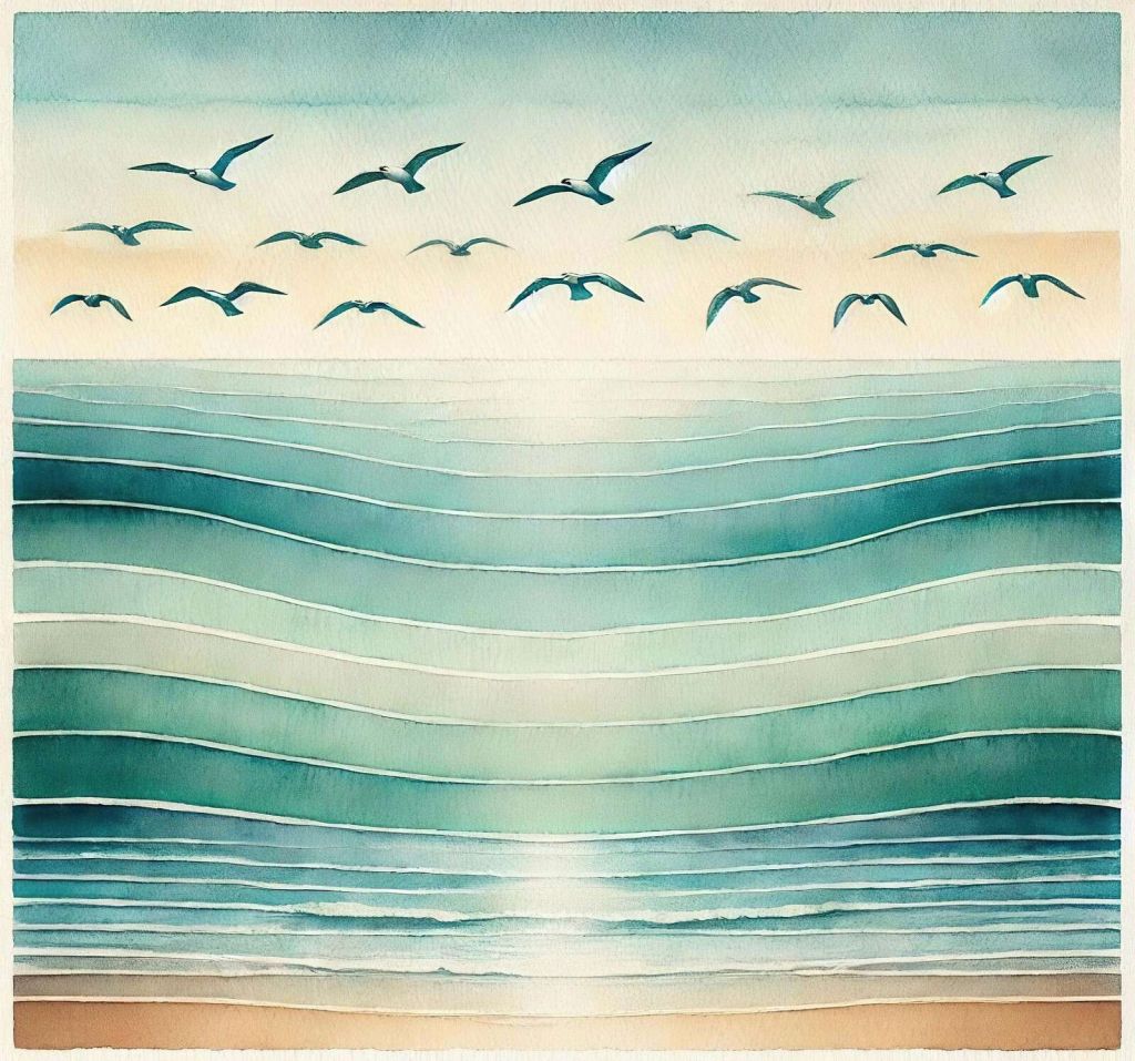 Mer d'été avec des mouettes qui volent.