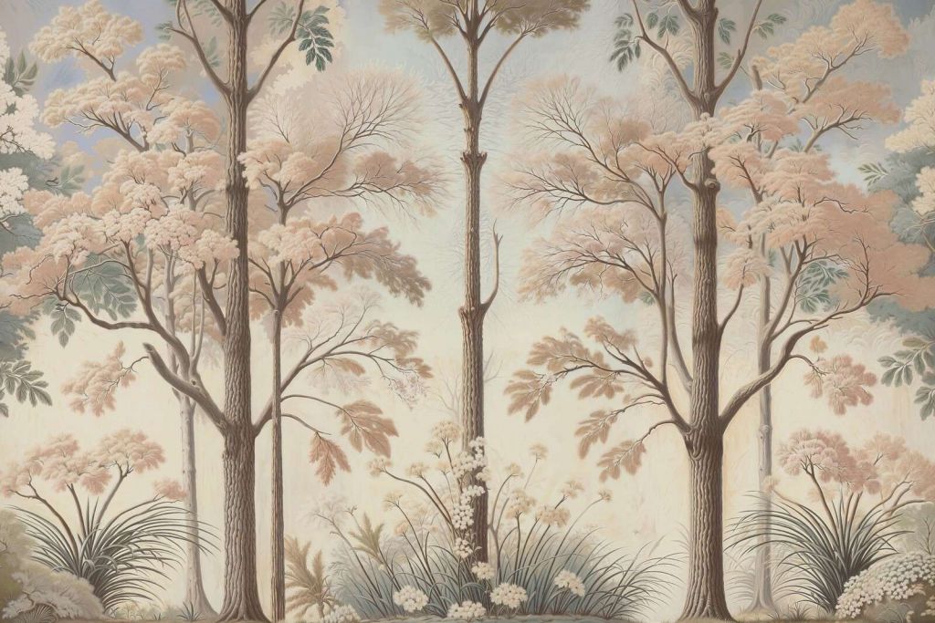 Paysage forestier doux avec des arbres en fleurs.