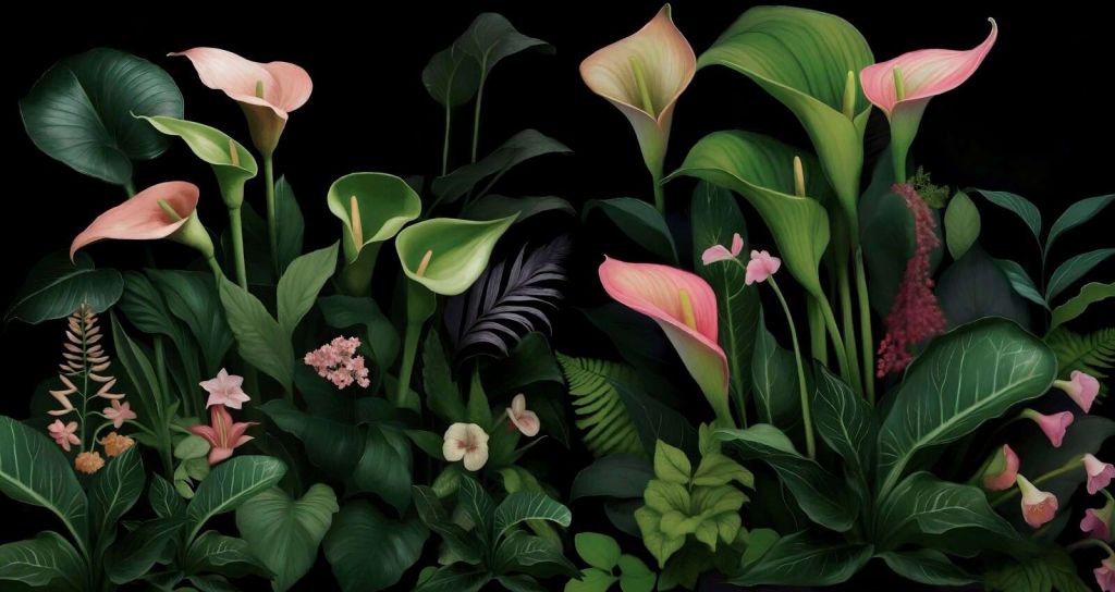 Des lis de Calla tropicaux dans la nuit.