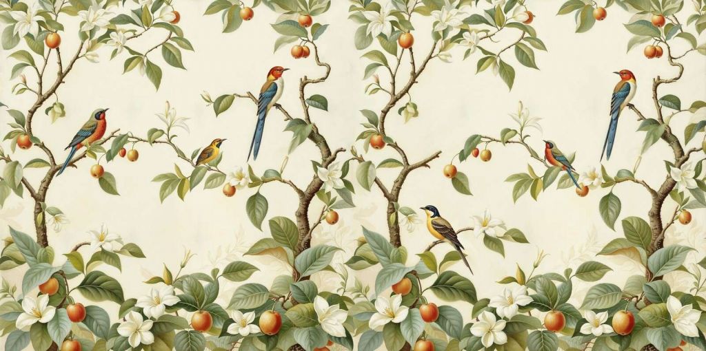 Oiseaux chanteurs vintage dans les arbres fruitiers