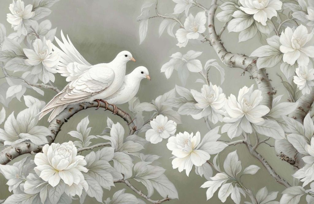 Colombes blanches entre les branches en fleurs