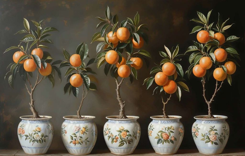 Orangers dans des pots de fleurs ornés