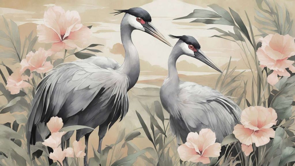 Grues élégantes avec des fleurs d'hibiscus