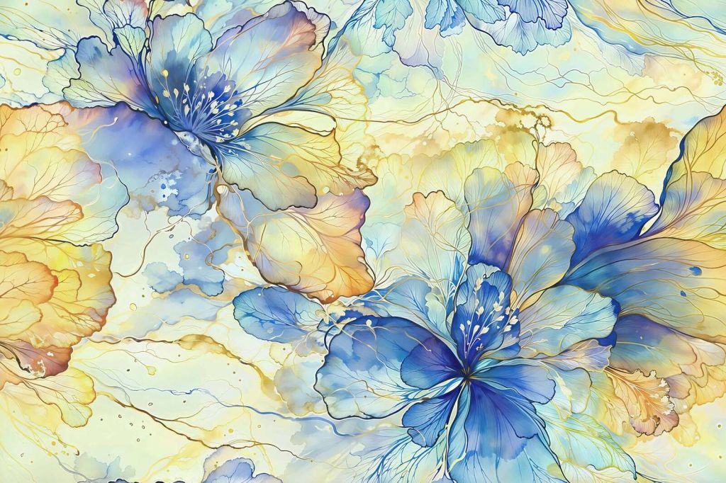 Fleurs en aquarelle en bleu et or