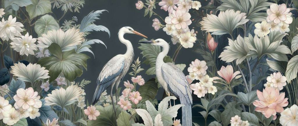 Hérons blancs entre des fleurs douces