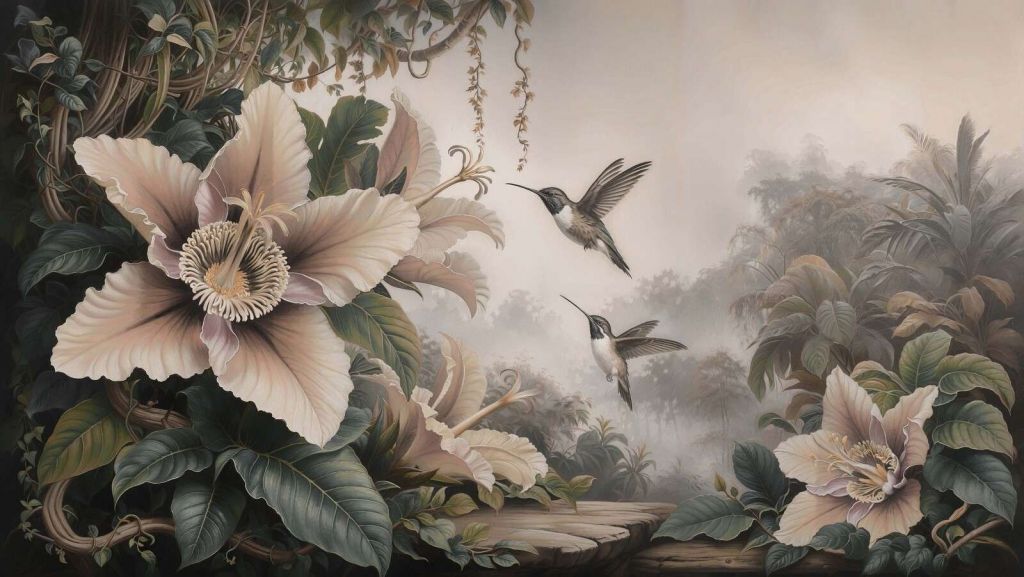 Fleurs tropicales avec des colibris
