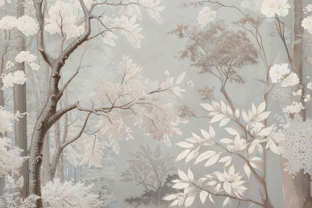 Paysage boisé brumeux avec des fleurs blanches