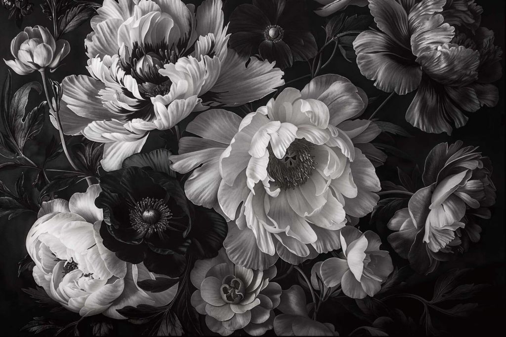 Jardin de fleurs baroque maximaliste en niveaux de gris