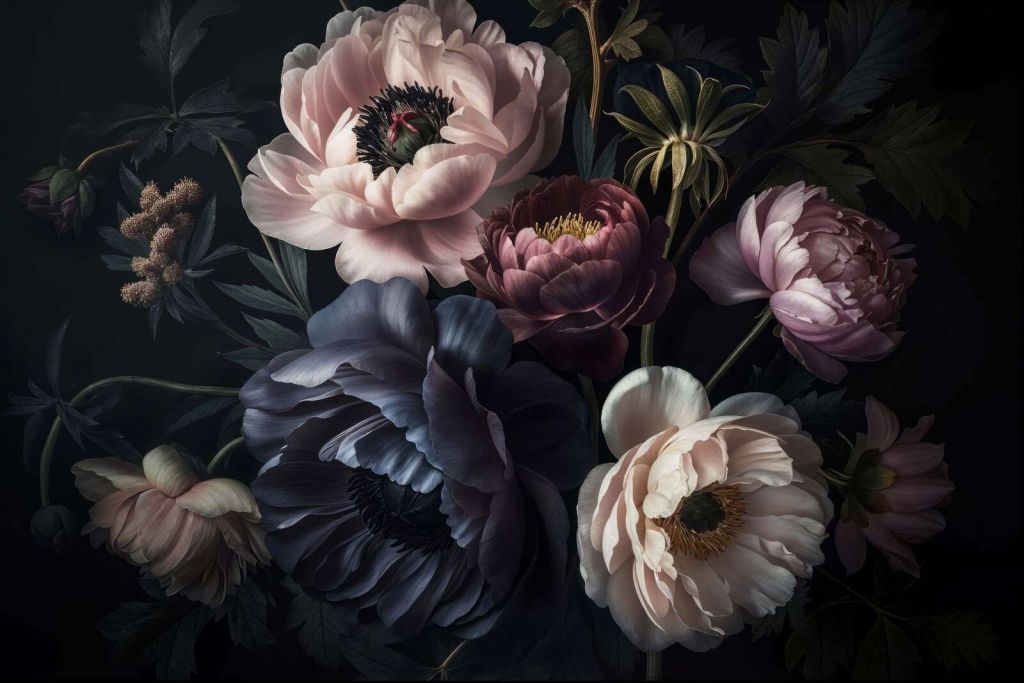 Nocturne floral élégant aux fleurs baroques