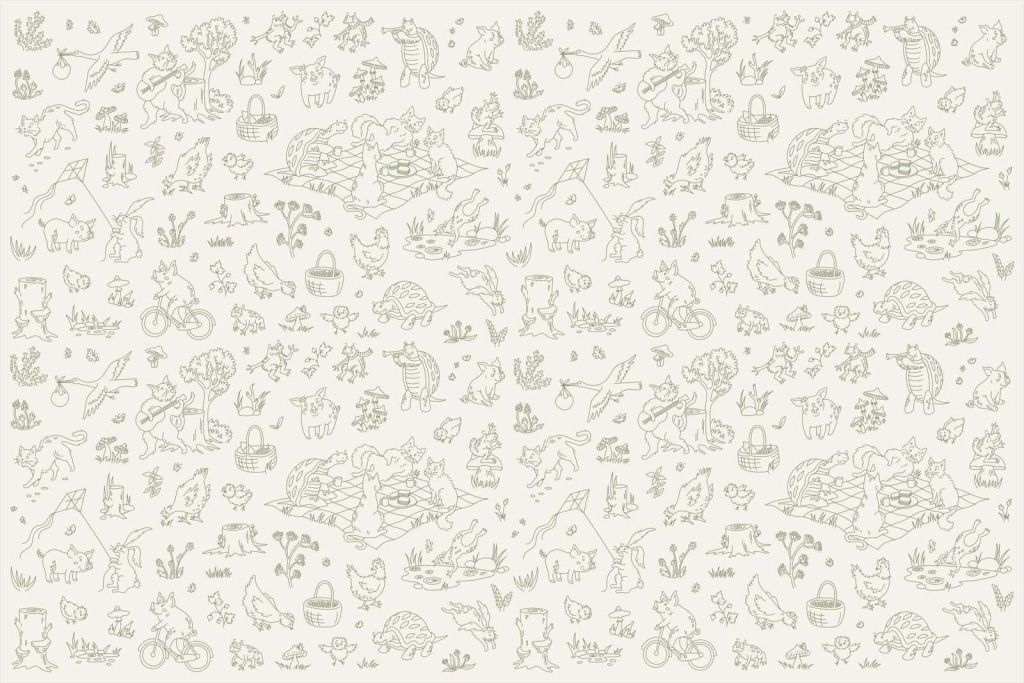Imprimé beige et vert foncé avec animaux de la forêt paisibles